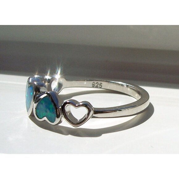 925 STERLING SILVER Lab Created Blue Lavender Fire Opal Hears Ring - Picture 9 of 14